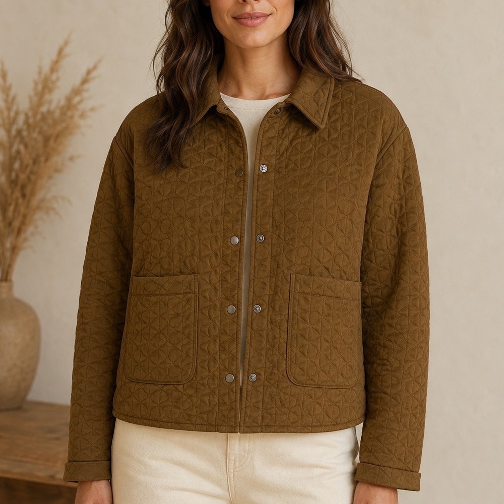 New In Quilted Shirt Jacket Brown Snap Button Shacket NJ90180 Tobacco Boho ww